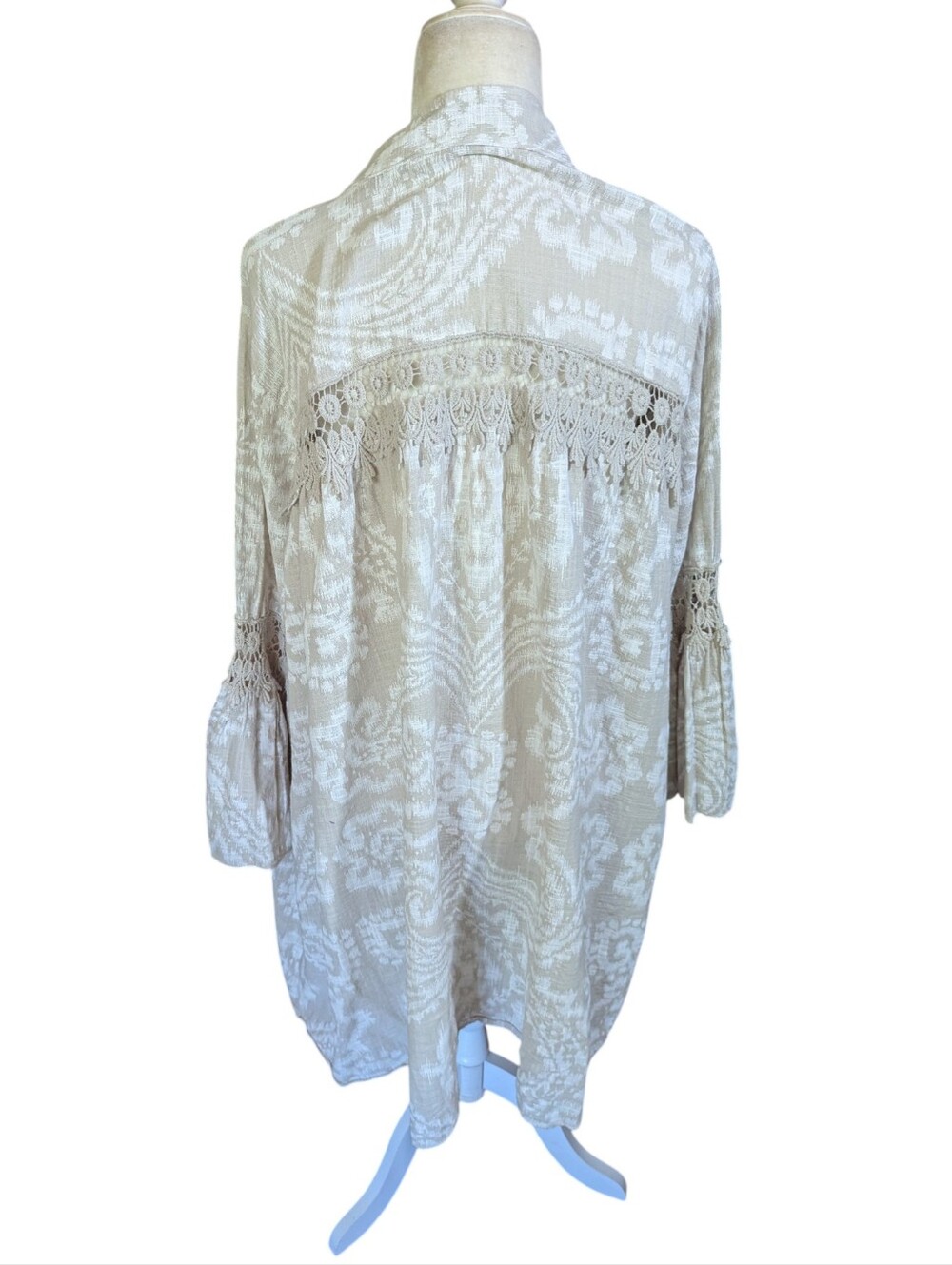 Cotton Bell Sleeves Crochet Inlays Cream Lightweight Flowy Open Duster Boho XL - Picture 4 of 11